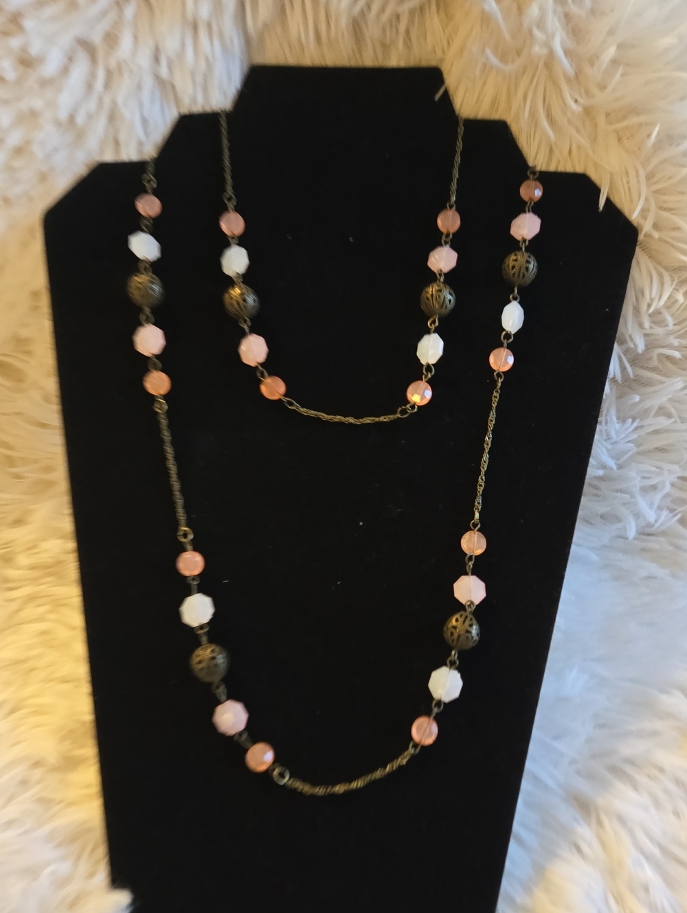 Delicate Pink and White Beaded Long Necklace - Women Jewelry
